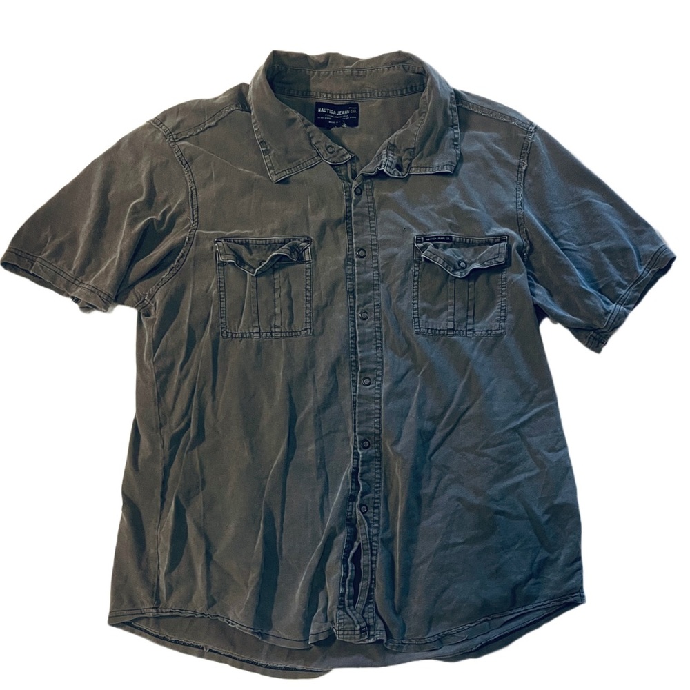 Y2K Nautica Gray Distressed Button Down Short Sleeve Shirt